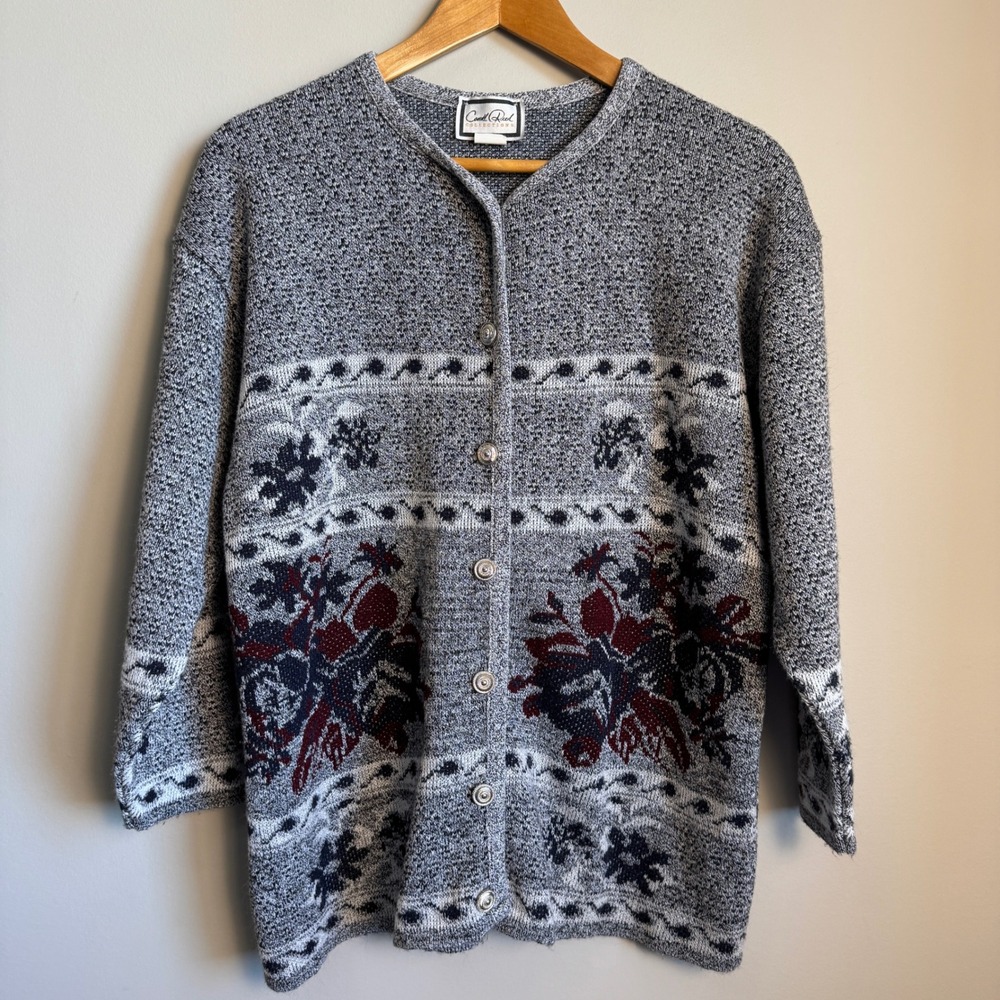 Carroll Reed Floral Knit Cardigan Sweater Button Up 3/4 Sleeve Medium Nordic